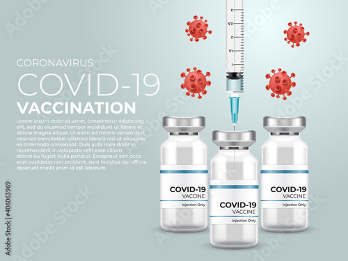 Coronavirus Vaccine Banner Design : Covid-19 corona virus vaccination with vaccine bottle and syringe injection : Vector Illustration