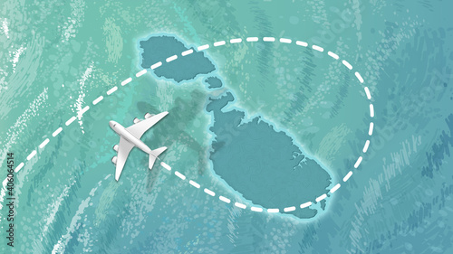 airplane flying on Malta Map Travel visit discover Malta 8K illustration.