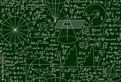 Mathematical scientific vector seamless pattern with plots, equations and formulas handwritten on a green background
