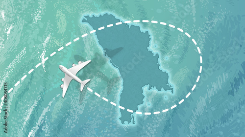 airplane flying on Moldova Map Travel visit discover Moldova 8K illustration.