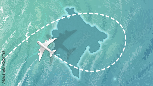 airplane flying on Montenegro Map Travel visit discover Montenegro 8K illustration.