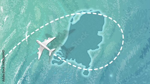 airplane flying on Netherland Map Travel visit discover Netherland 8K illustration.j