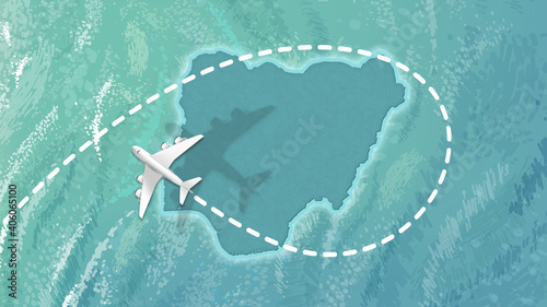  airplane flying on Nigeria Map Travel visit discover Nigeria 8K illustration.