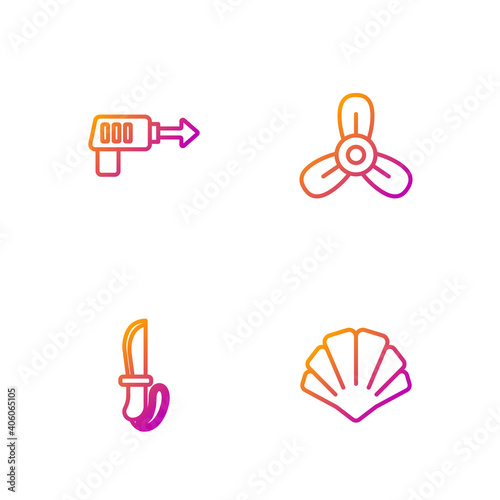 Set line Scallop sea shell, Knife, Fishing harpoon and Boat propeller, turbine. Gradient color icons. Vector.