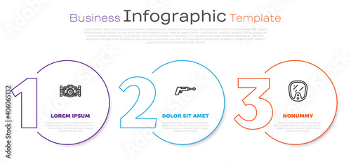 Set line Photo camera, Fishing harpoon and Diving mask. Business infographic template. Vector.