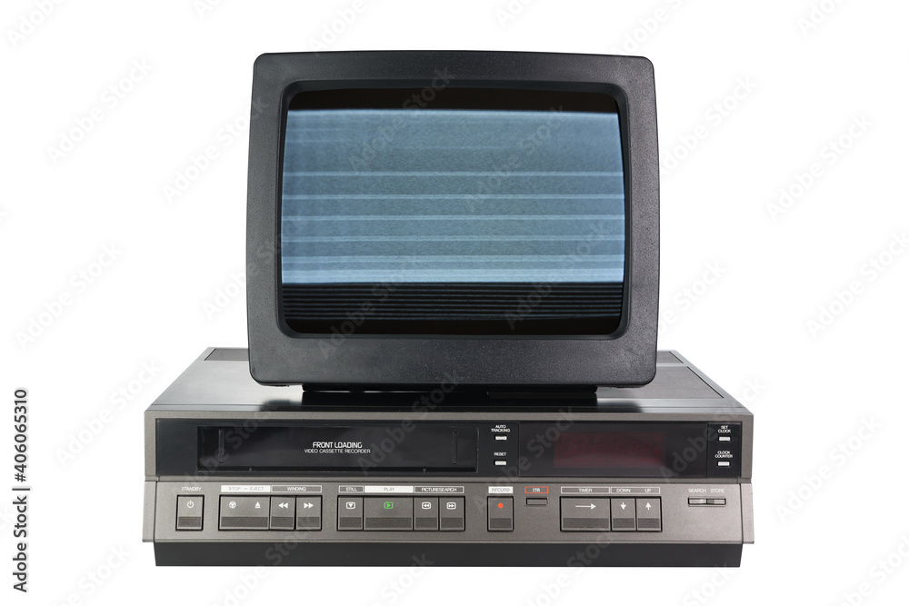 Fototapeta premium Old black vintage TV with noise and interference on the screen on an old VCR from the 1980s, 1990s, 2000s, isolated on white background.