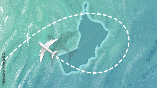 airplane flying on Oman Map Travel visit discover Oman 8K illustration.