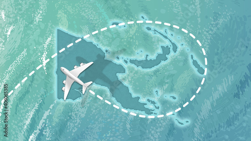airplane flying on Papua New Guinea Map Travel visit discover Papua New Guinea 8K illustration.