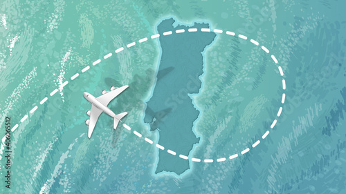airplane flying on Portugal Map Travel visit discover Portugal 8K illustration.
