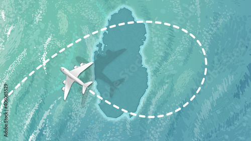airplane flying on Qatar Map Travel visit discover Qatar 8K illustration.