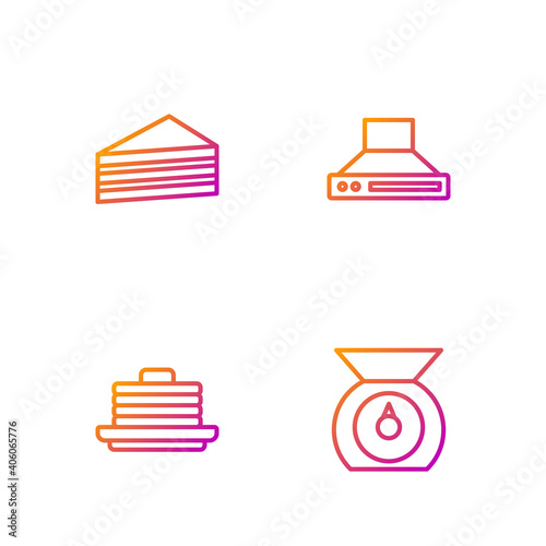 Set line Scales, Stack of pancakes, Cake and Kitchen extractor fan. Gradient color icons. Vector.