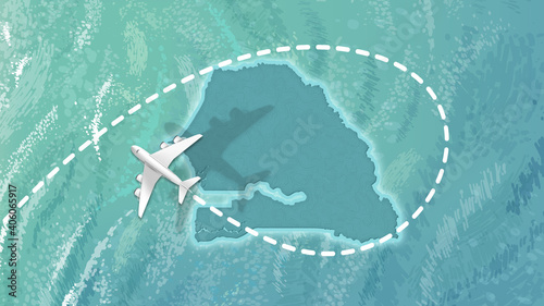 airplane flying on Senegal Map Travel visit discover Senegal 8K illustration.