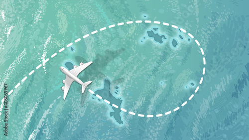  airplane flying on Seychelles Map Travel visit discover seychelles 8K illustration.