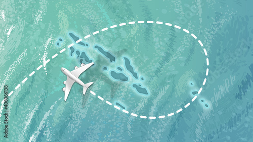 airplane flying on Solomon islands Map Travel visit discover Solomon isands 8K illustration.