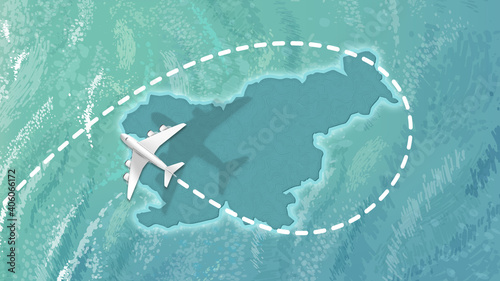 : airplane flying on Slovenia Map Travel visit discover Slovenia 8K illustration.