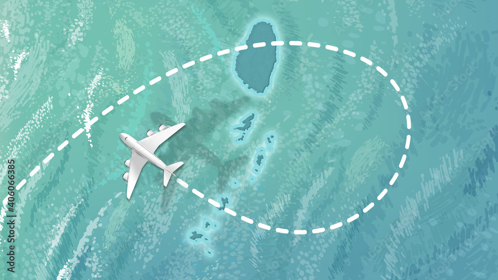  airplane flying on St. Vincent & Grenadines Map Travel visit discover St. Vincent & Grenadines 8K illustration.