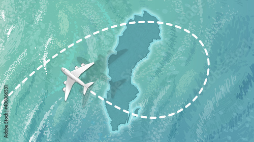  airplane flying on Sweden Map Travel visit discover Sweden 8K illustration.