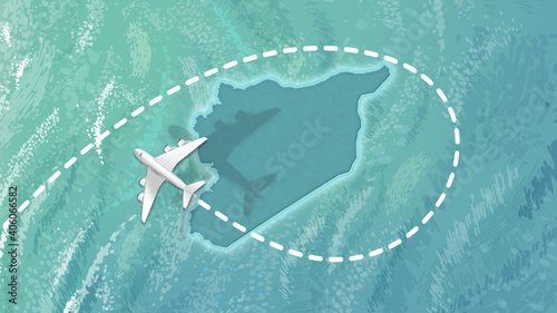  airplane flying on Syria Map Travel visit discover Syria 8K illustration.