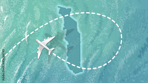  airplane flying on Togo Map Travel visit discover Togo 8K illustration.