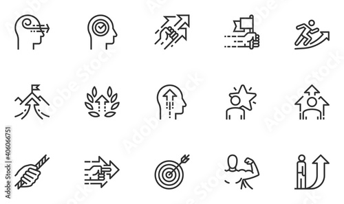Set of Vector Line Icons Related to Persistence, Determination, Purposefulness, Assertiveness, Striving for Development. Editable Stroke. Pixel Perfect.