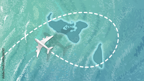 airplane flying on Tonga Map Travel visit discover Tonga 8K illustration.