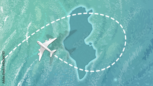  airplane flying on Tunisia Map Travel visit discover Tunisia 8K illustration.