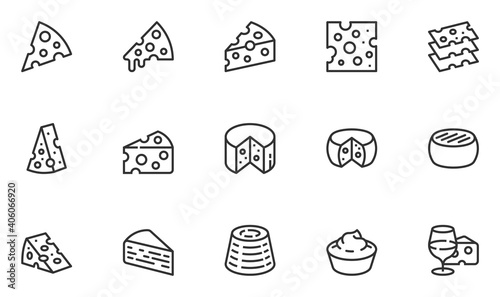 Set of Vector Line Icons Related to Cheese. Parmesan, Mozzarella, Dutch, Ricotta, Blue Chees, Cream Cheese. Editable Stroke. 48x48 Pixel Perfect. © kuroksta