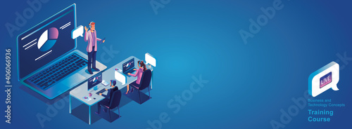 Businessmen use Video conference landing Working People on window screen taking with colleagues. Videoconferencing and online meeting workspace page, man and woman learning Vector illustration, Flat	