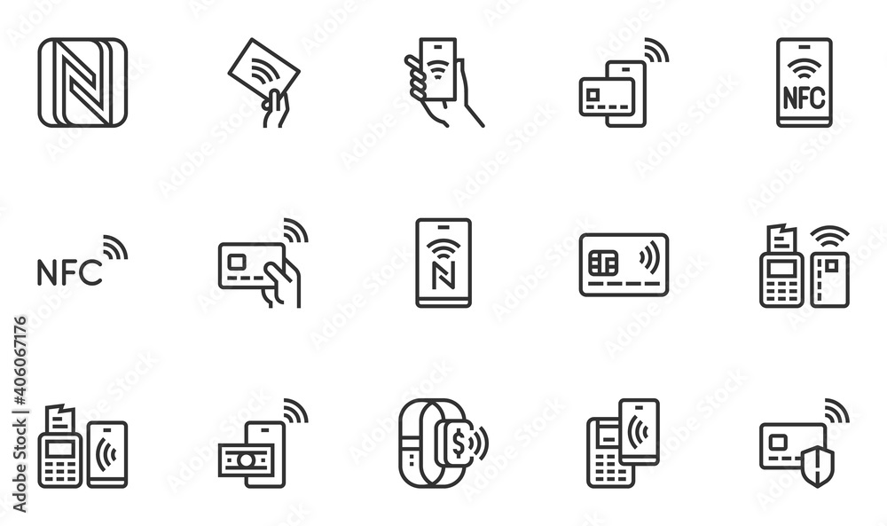 Set of Vector Line Icons Related to NFC. Payment by Smartphone via Pin Pad. NFC Communication, Online Payment, Wireless Payment. Editable Stroke. 48x48 Pixel Perfect. Set of Vector Line Icons Related to NFC. Payment by Smartphone via Pin Pad. NFC Communication, Online Payment, Wireless Payment. Editable Stroke. 48x48 Pixel Perfect.