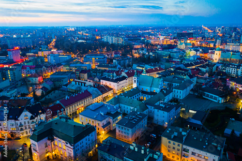 View from drone of lighted Rzeszow cityscape at spring twilight, Poland.. © JackF