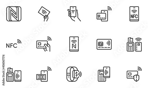 Set of Vector Line Icons Related to NFC. Payment by Smartphone via Pin Pad. NFC Communication, Online Payment, Wireless Payment. Editable Stroke. 48x48 Pixel Perfect. photo