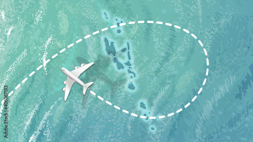  airplane flying on Vanuatu Map Travel visit discover Vanuatu 8K illustration.