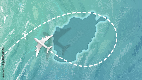 airplane flying on Afghanistan Map Travel visit discover Afghanistan 8K illustration.