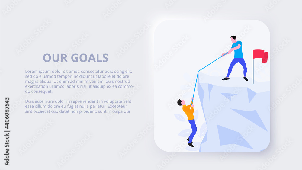 Neumorphism teamwork concept with people, mountain and flag. Flat vector illustration. Landing page template for web Neumorphism teamwork concept with people, mountain and flag. Flat vector illustration. Landing page template for web
