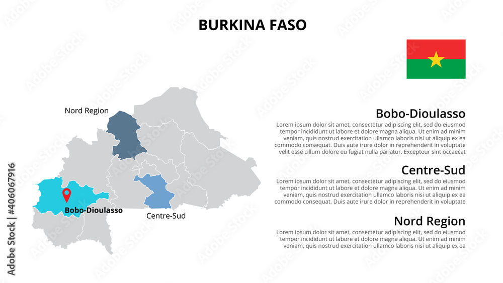 Burkina Faso vector map infographic template divided by states, regions or provinces. Slide presentation