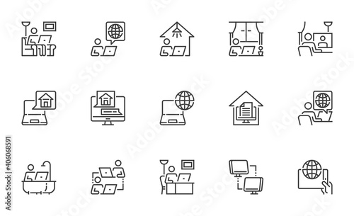 Set of Vector Line Icons Related to Work from Home. Freelancer with Laptop Sitting on the Couch. Editable Stroke. 64x64 Pixel Perfect.