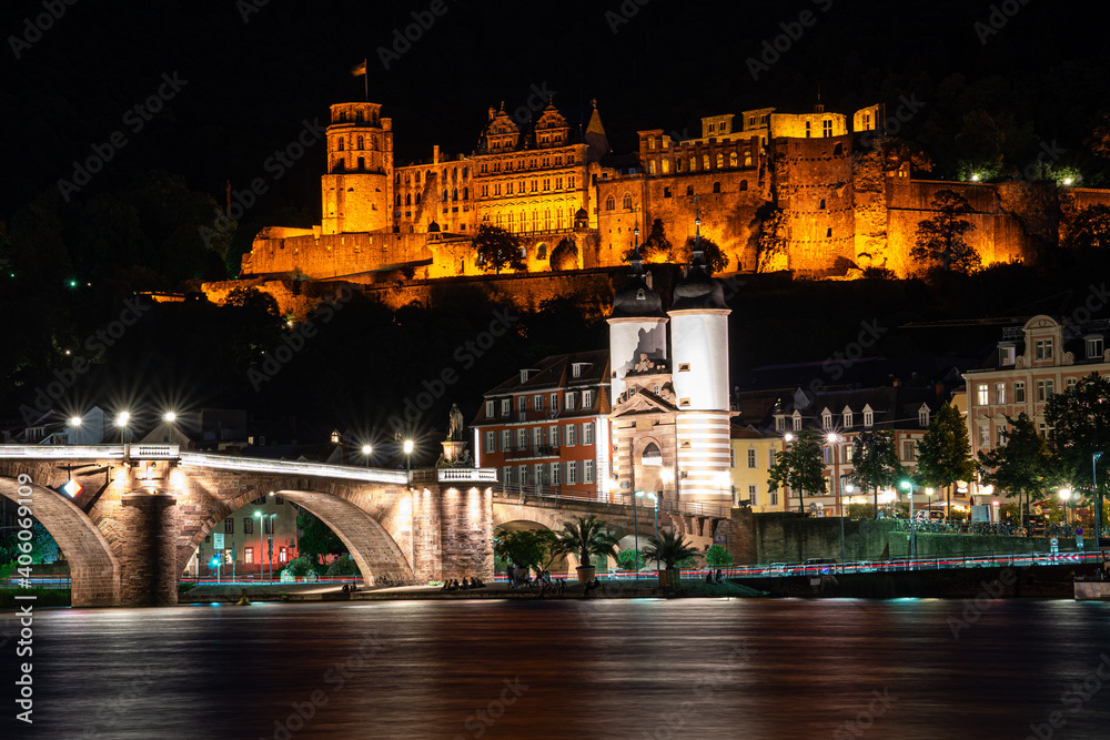 Heidelberg city with Old Bridge and Castle at night
