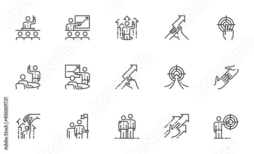 Set of Vector Line Icons Related to Coaching. Business Training, Mentoring, Motivation. Coach, Leader. Editable Stroke. Pixel Perfect.