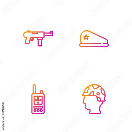 Set line Army soldier, Walkie talkie, Submachine gun M3 and Military beret. Gradient color icons. Vector.