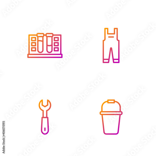 Set line Bucket, Wrench spanner, Test tube with water drop and Work overalls. Gradient color icons. Vector.