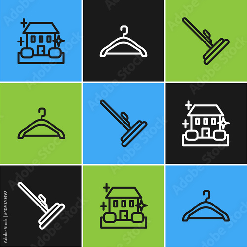 Set line Home cleaning service, Mop and Hanger wardrobe icon. Vector.