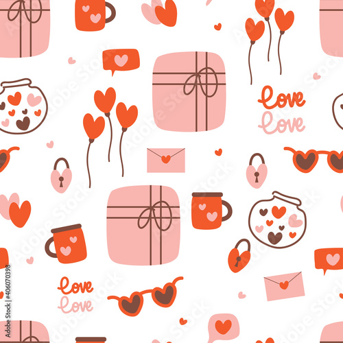 Seamless pattern with cute cartoon valentine accessories for fabric print, textile, gift wrapping paper. colorful vector for kids, flat style