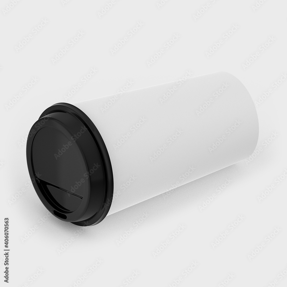 3D Illustration, 3D rendering White paper coffee cup medium size with black lid isolated on white background. Front perspective view. Packaging template mockup collection. 3D Illustration, 3D rendering White paper coffee cup medium size with black lid isolated on white background. Front perspective view. Packaging template mockup collection.