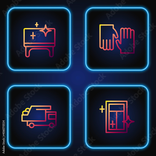 Set line Cleaning service for window, Garbage truck, table and Rubber gloves. Gradient color icons. Vector.
