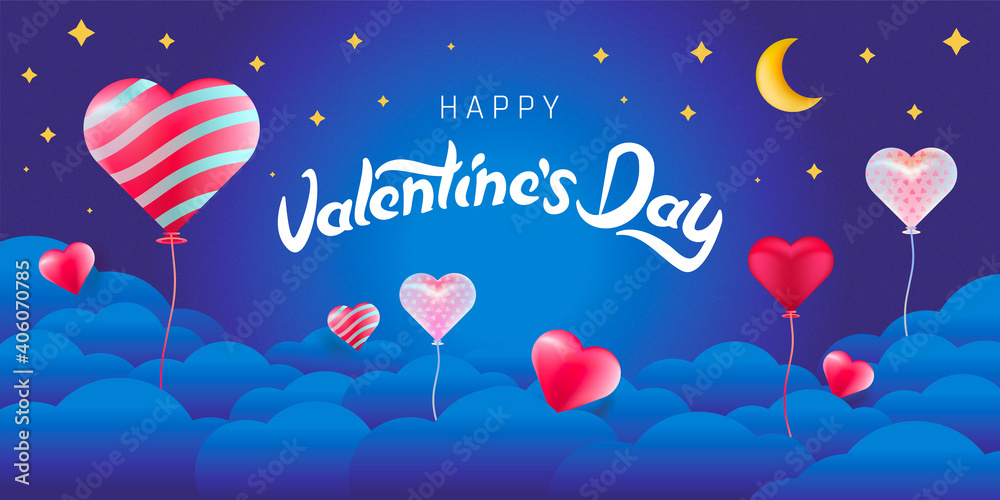 Valentine's day banner. Heart balloons on the clouds decorating the night.