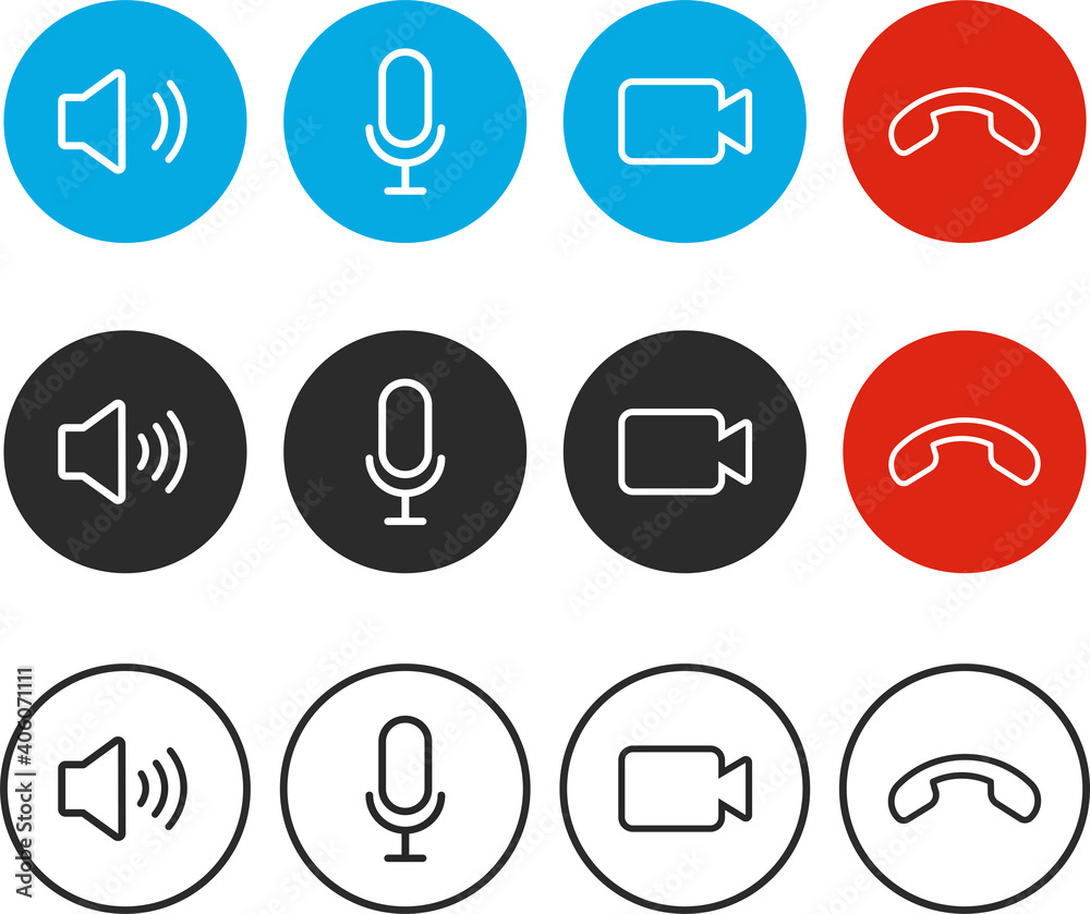 Set of Video call icons. Video conference. Collections buttons of on-line video chat app, internet talk, call technology. Web app ui display template. Videoconferencing and online meeting workspace Set of Video call icons. Video conference. Collections buttons of on-line video chat app, internet talk, call technology. Web app ui display template. Videoconferencing and online meeting workspace