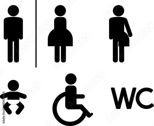 Set of WC sign Icon Vector Illustration on the white background. Vector man and woman icons. Funny and unisex toilet symbol
