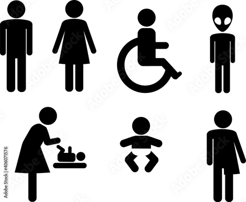 Set of WC sign Icon Vector Illustration on the white background. Vector man and woman icons. Funny and unisex toilet symbol