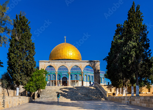 Temple Mount with arches and stairway leading to Dome of the Rock Islamic monument shrine in Jerusalem Old City, Israel photo