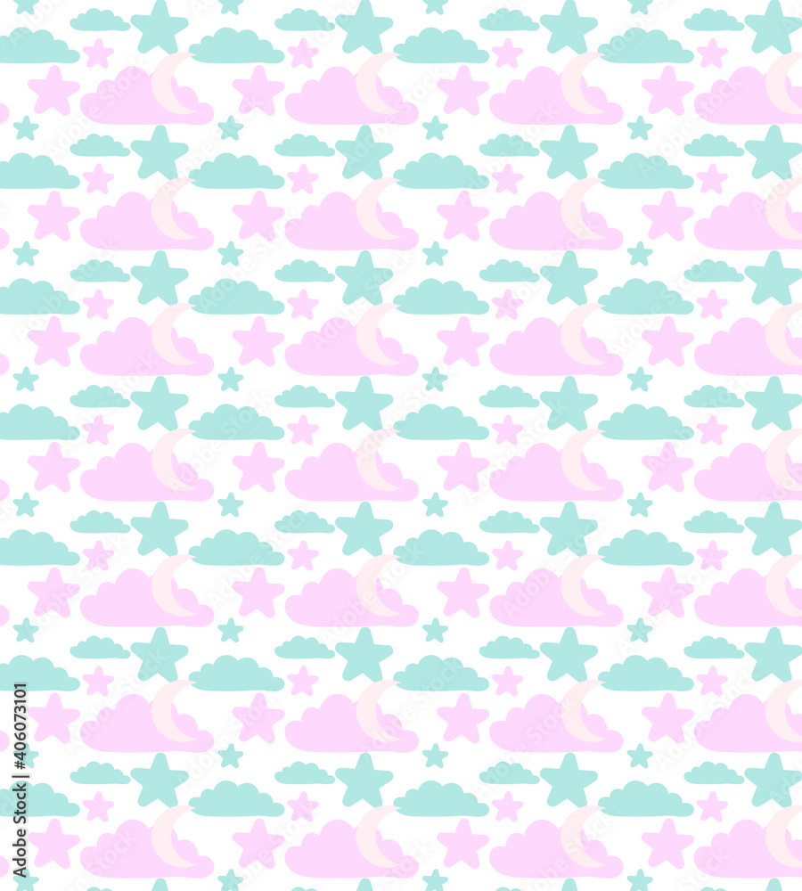 Flat vector pattern of Seamless cute with clouds and moon.cute clouds and moon 